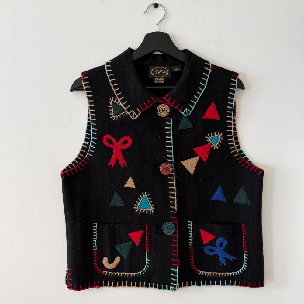 Allure Vintage Wool Vest Black Multicolor Geometric Applique Blanket Stitch Med